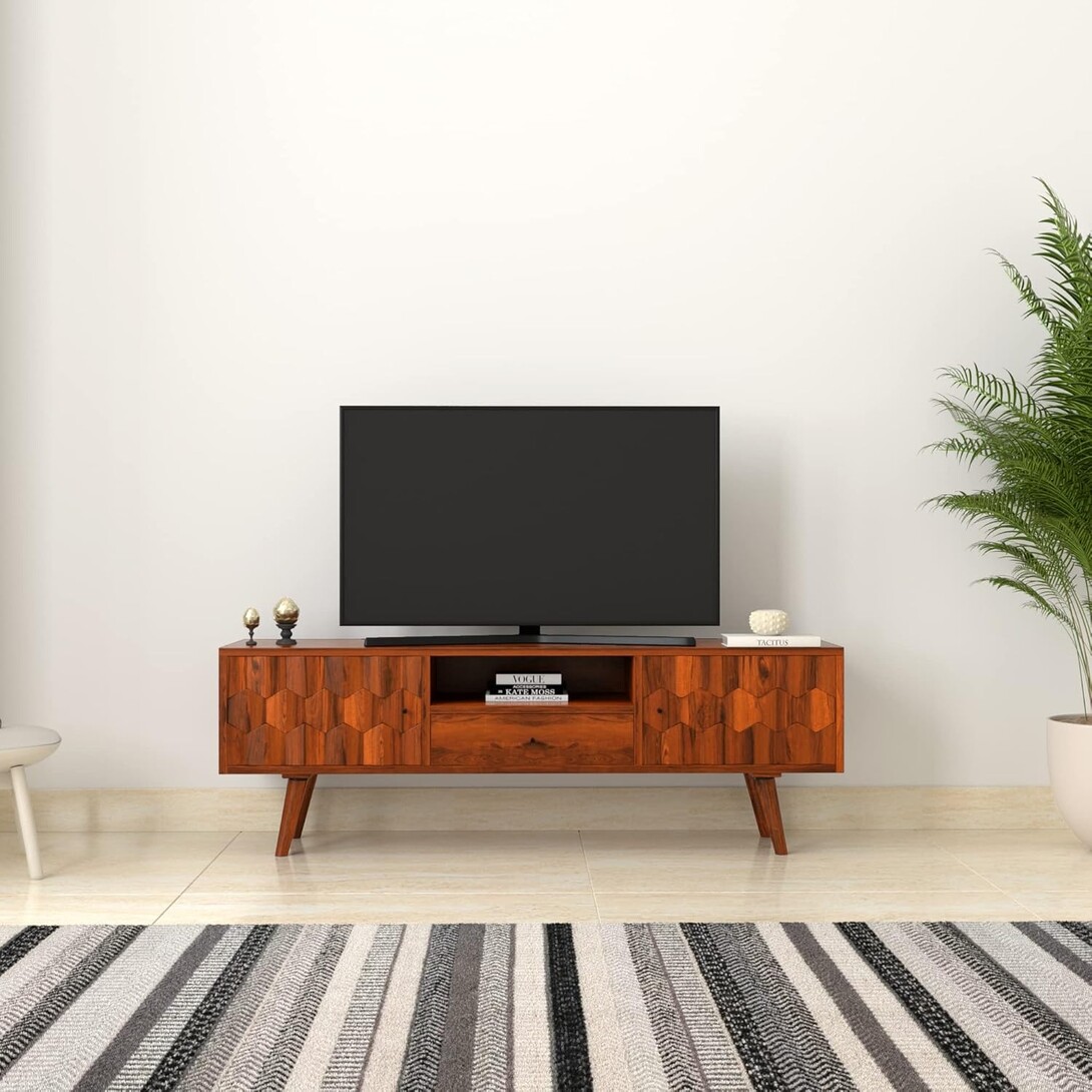 Amazon Brand - Solimo Kench Acacia Wood TV Unit with Drawer (Honey Finish)