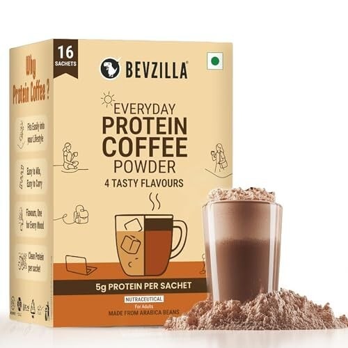 Bevzilla Everyday Protein Instant Coffee Powder Sachets |160 GM(16x10g)| 5g Protein Each | Arabica Coffee | No Added Sugar | Hot & Cold Coffee Premix for Energy & Fitness