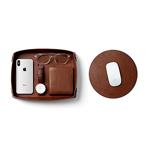 DailyObjects Vegan Leather Tan Desk Tray Organiser | Orb Tan Mouse Pad - Set of 2(Round)