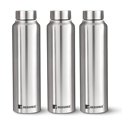 Bergner Walking Stainless Steel 3 Pcs (1000ml Each) Water Bottles with Screw Cap, Rustproof, Airtight & Leakproof Steel Bottle Set of 3, for Office, Home, College, Gym, Travel, Easy to Carry - Silver