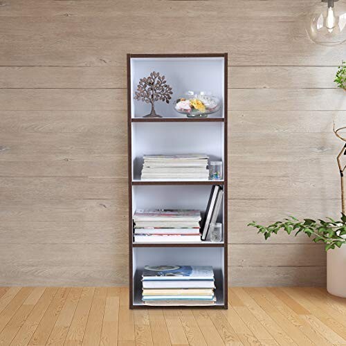HomeTown Mezzola 4-Tier Engineered Wood Bookshelf | Wenge & White – Book Stand, Book Holder, Home Storage & Organizer for Bedroom, Living Room, Study Room