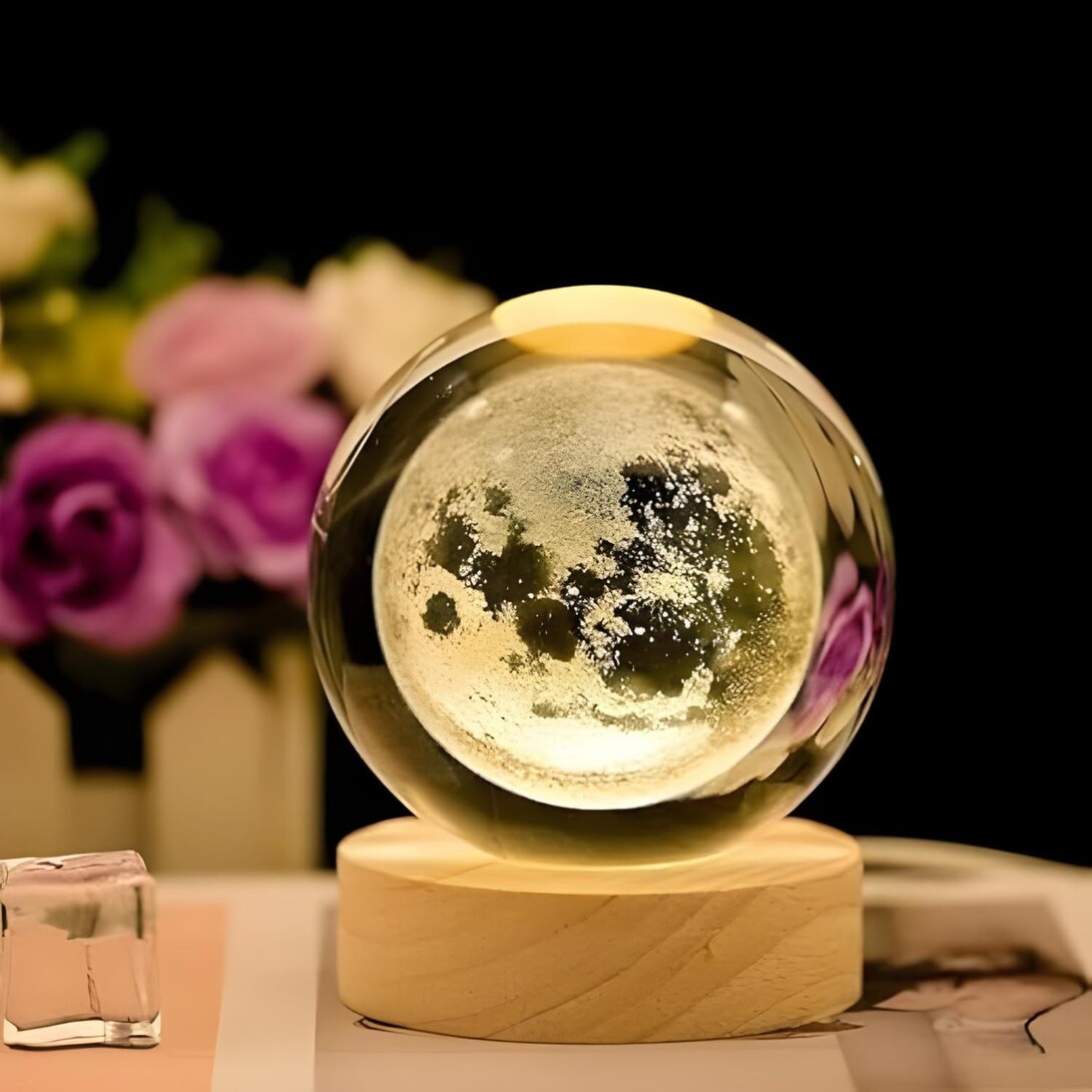 One94Store 3D Crystal Moon Lamp | Engraved Crystal Ball LED Night Light with Wooden Base, USB Powered