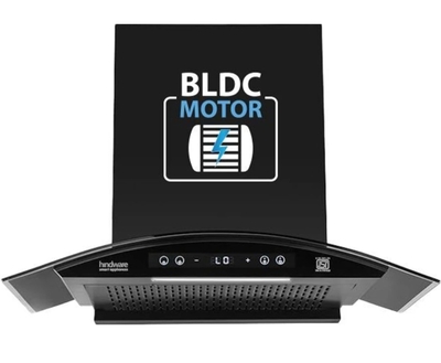 Hindware Sancia BLDC 75 Auto Clean | Curved Glass | Filterless | Touch Control | Motion Sensor | Energy Efficient LED Light | Powerful Suction | Wall Mounted Black 1400 CMH Chimney