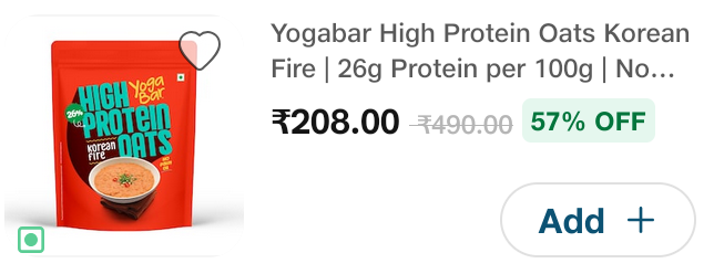 JIOMART SCHEDULED - Yogabar high protein oats korean fire (26g protein per 100g) 1kg at 208