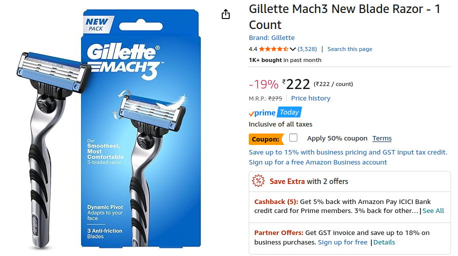 Gillette Mach3 New Blade Razor - 1 Count @ Rs 111