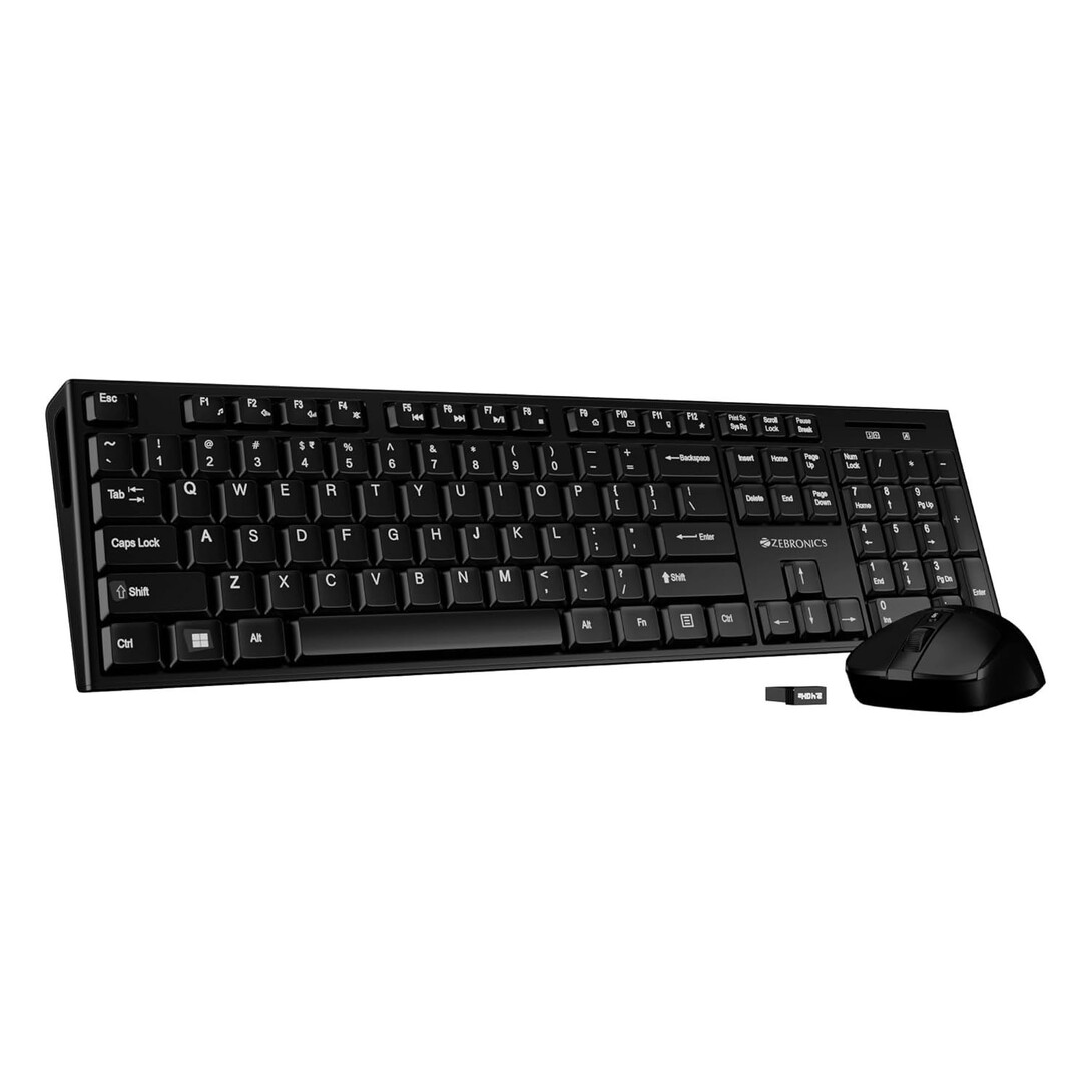 Zebronics Wireless Keyboard & Mouse Combo, 104 UV-Printed Keys, ₹ Key, 12 Multimedia Keys, Retractable Stand, 4 Button Mouse, 1600 DPI, High Precision, USB Nano Receiver (Companion 304, Black) 