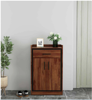 Woodland 2 Door Shoe Cabinet With Drawer In Sheesham & Melamine Finish