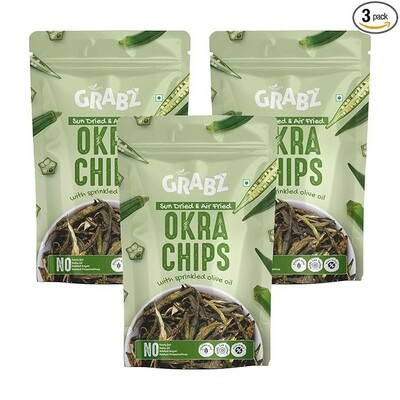Apply5%coupon-GRABZ Crispy Bhindi Okra Chips|Air-Cooked, Solar-Dehydrated|Gluten Free,Low Gi,No Cholesterol&Trans Fat Low Cholesterol| High Fiber, Olive Oil & Spicy Garlic Masala Flavor| 20g Each (Pack of 3)