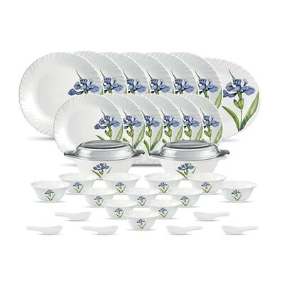 La Opala Diva Classique Collection Opal Glass Crockery | for Family of 6 | Dinner Set 35 pcs Royal Iris | Plates & Bowls for Dining | Microwave Safe | 100% Vegetarian | Extra Strong | White