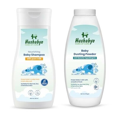 Hushabye Nourishing Baby Shampoo (200ml) & Baby Dusting Powder (100g) with Milk Protein | Tear-Free Formula, pH Balanced for All Skin Types | Newborn Care Gift Set, Combo Pack of 2
