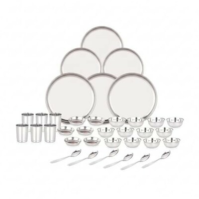 36 Pieces Stainless Steel Dinnerware/Dinner Set - 6 Thali, 6 D.Plate, 12 Bowl, 6 Glass, 6 Spoon, Kitchen Set for Home & Restaurants, Family - Silver,Solid
