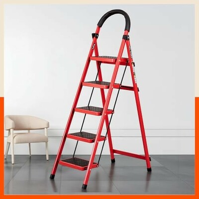 Bathla Everest 5-Step Steel Ladder with Safety Hand Grip | Anti-Skid Wide Steps (30L x 20W cm) | Lightweight, Foldable Ladder for Home & Office | 150Kg Load Capacity | 2 Year Warranty (Red)