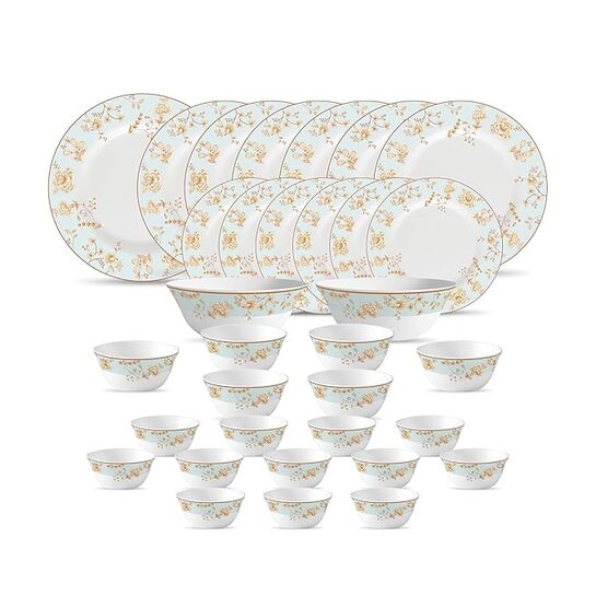La Opala Diva Sovrana Collection Opal Glass Crockery | for Family of 6 | Dinner Set 33 pcs Medusa Gold | Plates & Bowls for Dining | Microwave Safe | 100% Vegetarian | Extra Strong | Light & White