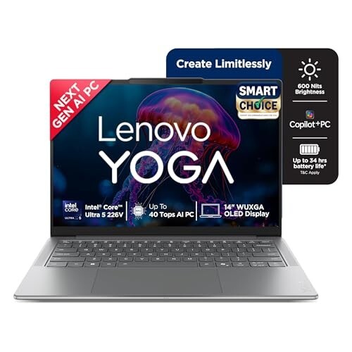 Lenovo Yoga Slim 7 (Smartchoice) Aura Edition, Intel Core Ultra 5 226V, 16GB RAM, 1TB SSD, WUXGA OLED, Copilot+ AI PC, 40 TOPS, 14"/35.5cm, Windows 11, Office 2024, Grey, 1.19Kg, 83JX005FIN, AI Laptop