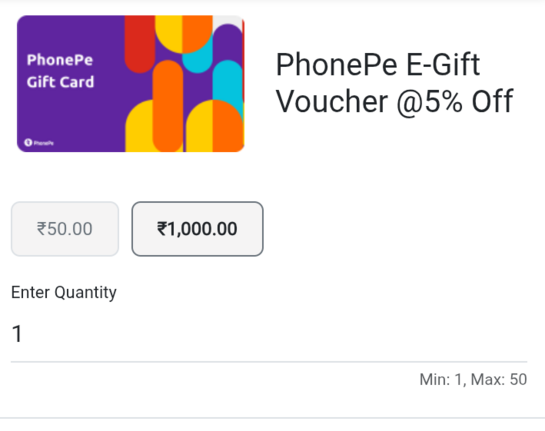 WOOHOO - Phonepe gift vouchers at 5% off (can be used for Recharge, Bill payment, Any online merchant payment)
