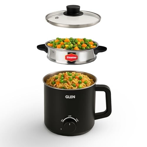 Glen Multicooker Electric Kettle Multipurpose 1.5 Litre, 600W, with Steamer, Cook, Boil & Steam, Egg Boiler, Auto Shut-off, 2 Heat Settings -Silver & Black (9016)