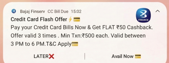 Bajaj Finserv CC Bill Pay: ₹50 Cashback (3PM – 6PM, 3 Times) On Minimum Bill Pay of Rs 500