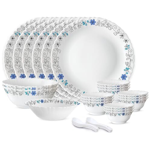 Larah by Borosil Silk Series Blue Iris Opalware Dinner Set | 27 Pieces 