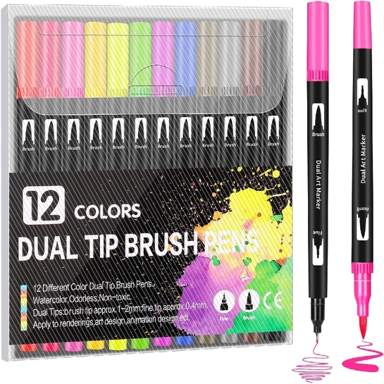 12 Color Dual Tip Brush Pens Set | Art Markers with Brush & Fine Tip for Coloring, Sketching & Journaling