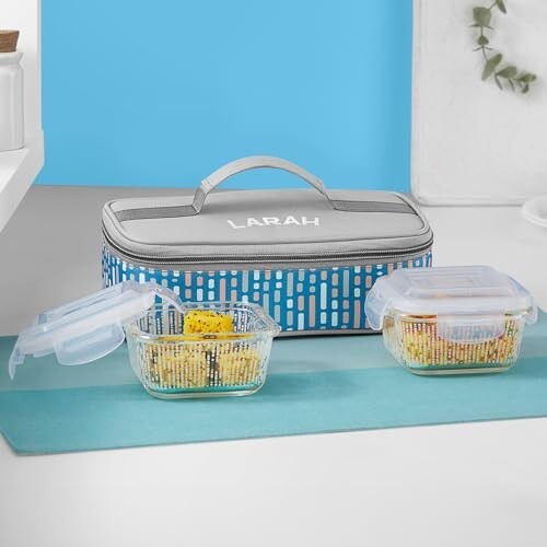 Vogue Borosilicate Glass Lunchbox with Bag | 2pc Square Container (320ml Each)