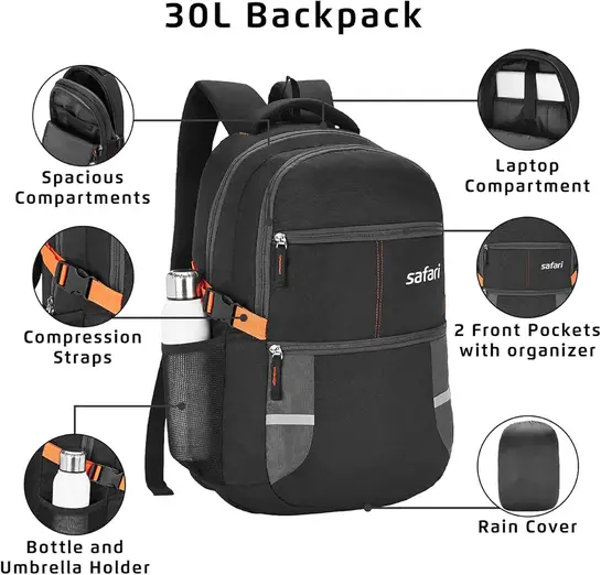 Safari Omega spacious/large laptop backpack with Raincover, college bag, travel bag for men and women, Black, 30 Litre