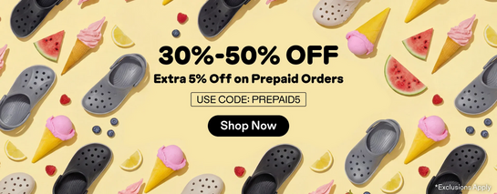 Crocs - 30%-50% OFF Extra 5% Off on Prepaid Orders