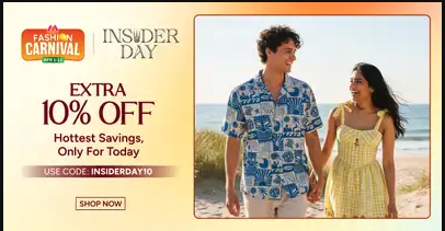 Myntra Insiderday + Fashion Carnival  (Extra 10 % using code + Extra 10 % on Flipkart Axis/SBI Cards)