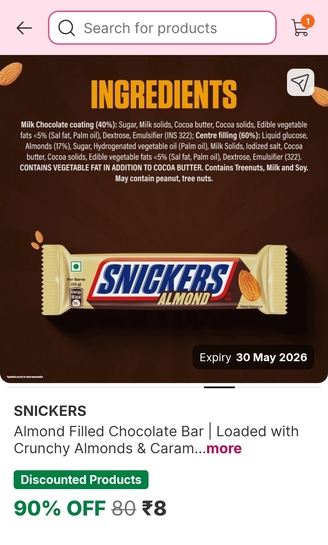 SNICKERS Almond filled Chocolate Bar 40 g @ ₹8 each on Flipkart Minutes