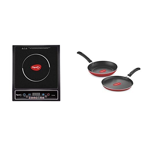Pigeon by Stovekraft Cruise 1800 watt Induction Cooktop (Black) & Aluminium Nonstick Duo Pack Flat Tawa 250 and Fry Pan 200 Gift Set (Red)