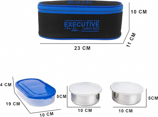  Zaib Stainless Steel Lunch Box for Kids with Insulated Carry Bag | 3 Containers: 2x350ml + 1x400ml Rice Bowl | Durable, Leak-Proof & BPA-Free Tiffin Box for School, Travel & Picnics (Executive 2+1) 
