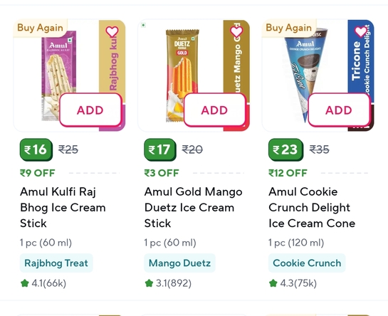 Amul icecream available at 35 percent off at zepto