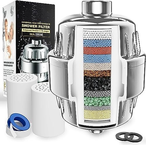 FEELSO FE-15 PRO abs shower and tap filter for hard water with 15 stage Hard Water Softener Cartridge - Universal Shower Head Water Softener (Chrome FE-18 + 2 Cartridge)