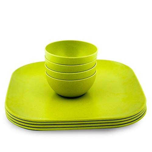 Decor EcoLite Bamboo Non Toxic Reusable Eco-Friendly Dinner Set - 4 Small Plates and 4 Bowls (Lime) - 8 Pieces