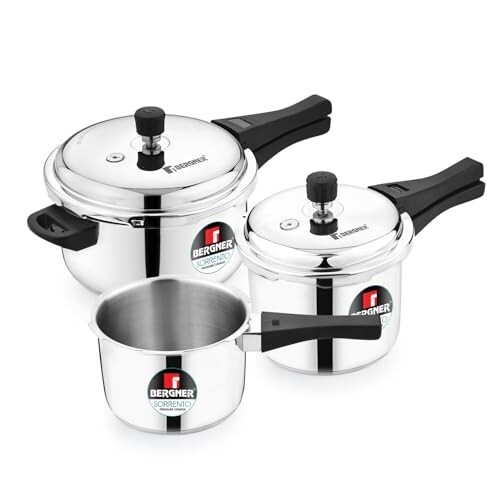 Bergner Sorrento Stainless Steel Outer Lid Pressure Cooker Set of 5L Cooker, 2L and 3L Cooker with Common Lid Induction Bottom
