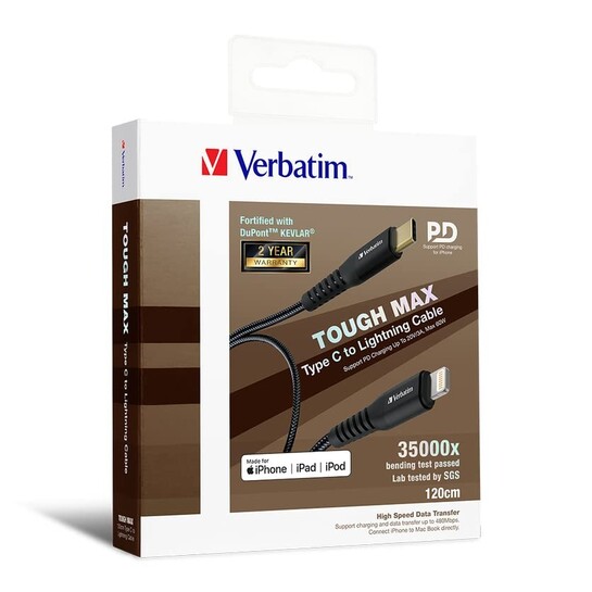 Verbatim Type C to Lightning Cable with Kevlar 120cm Black; 42.2 Inch