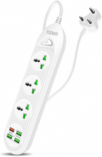  Tizum 3000W Power Converter, Fast Charging Extension Board/Cord, 3 Power Sockets, 1 QC/USB 3.0, 3 USB 2.0 Ports, 2M Cord Length, Short Circuit Protection, 10Amp Power Outlet, Intelligent Chip (White) 