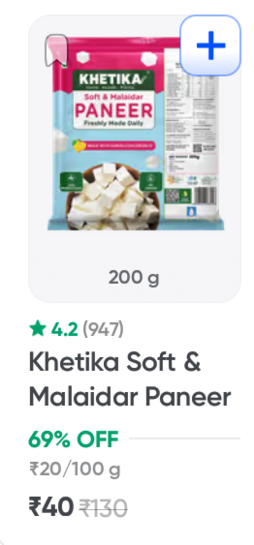 Instamart Paneer loot - Khetika Soft & Malaidar Paneer 200g — ₹40, MRP- ₹130 (69% OFF), Available Mumbai 