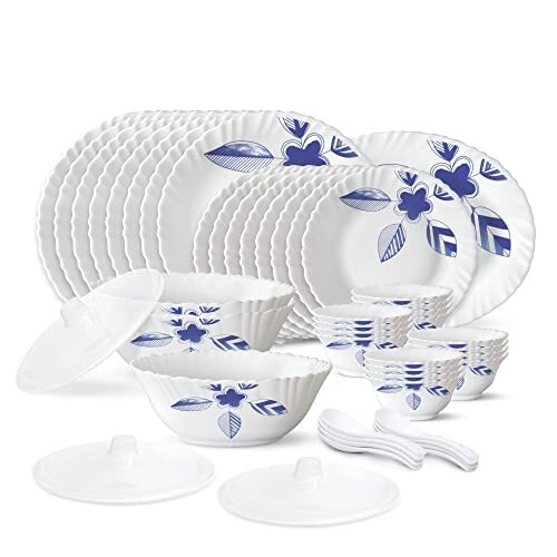 Larah by Borosil Morning Glory Silk Series Opalware Dinner Set | 47 Pieces for Family of 8| White