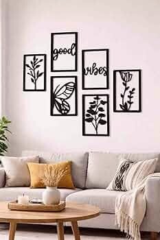 Goods Vibes Wall Plate for Home, Black Metal Wall Art Decor with Botanical and Floral Designs, 6 Piece Set 