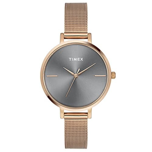 TIMEX Analog Watch for Women with Grey Round Dial & Rose Gold Stainless Steel Bracelet Band Water Resistant Women's Wrist Watches - TWEL155SMU05