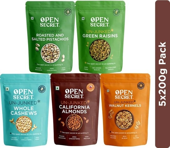 (liveshop+) Open secret dry fruits combo almonds cashews walnuts pista raisins (5×200g)