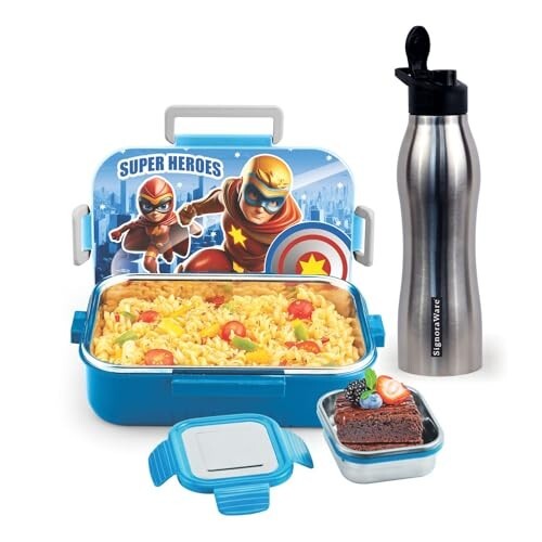SIGNORA WARE Delight C Chipmunk Stainless Steel Printed Lunch Box Set for Kids | Airtight Clip Lock Lid | Compact & Sleek Size | Great for Picnics & Outdoors (850ml + 160ml + 750ml Bottle | Blue)
