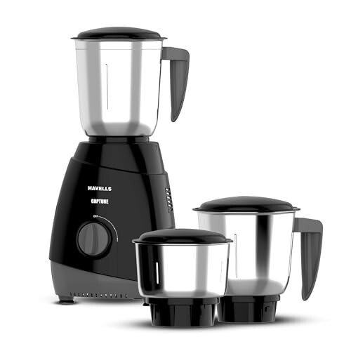 Havells Capture 500W Mixer Grinder – 3 SS Jars, 21000 RPM, Overheat Protection (Black)