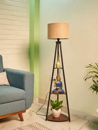 Crosscut Beige & Black Metal Cylinder Shaped Floor Lamp With Shelves - Floor Lamps for Unisex 28255524 | Myntra