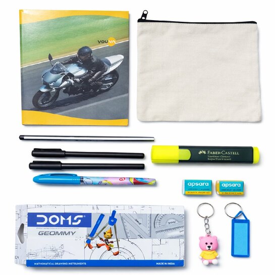 Geometry Box Stationery Combo for Students | School Study Combo Set with Small Notebook, Canvas Pouch, Pens, Pencil, Highlighter, Eraser, Sharpener & Keychains 