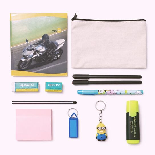 School Stationery Kit for Students | Study Essentials Combo Set with Small Notebook (6.1 × 7.4 inch, 172 Pages), Canvas Pouch, Single Sticky Note pad, Pens, Pencil, Highlighter, Eraser, Sharpener & Keychains 