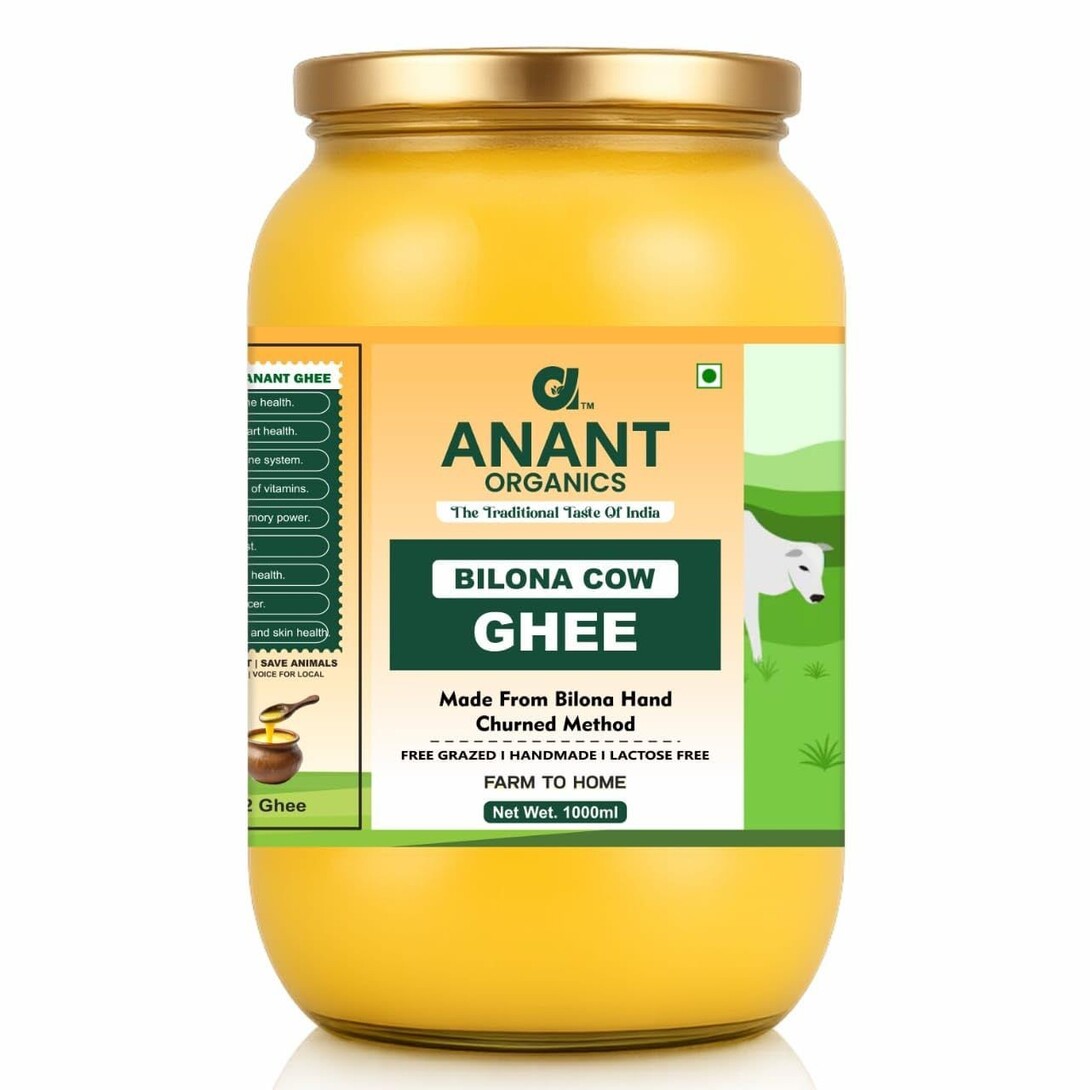 Anant Organics Bilona Cow Hand Churned Vedic Method A2 Cow Milk Ghee Glass Bottle 1L