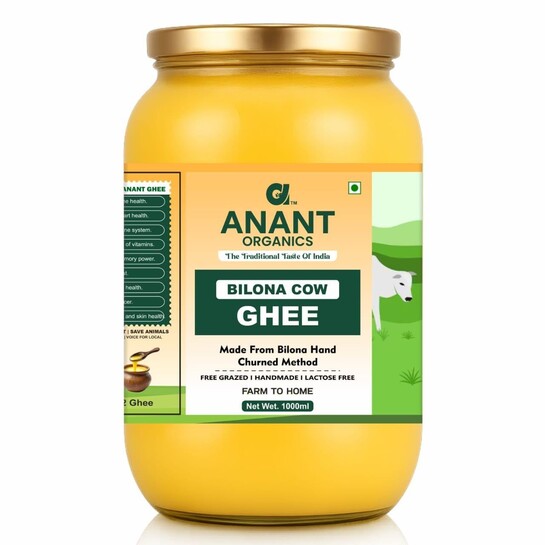 Anant Organics Bilona Cow Hand Churned Vedic Method A2 Cow Milk Ghee Glass Bottle 1L