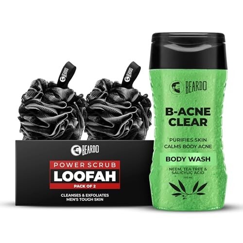 Beardo B-acne Clear Body Wash 200ml & Power Scrub Loofah Pack of 2 (Set of 2) 