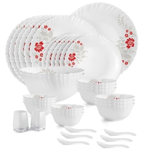 CELLO Scarlet Bliss Dazzle Series Opalware Dinner Set of 35 Pieces for Family of 6
